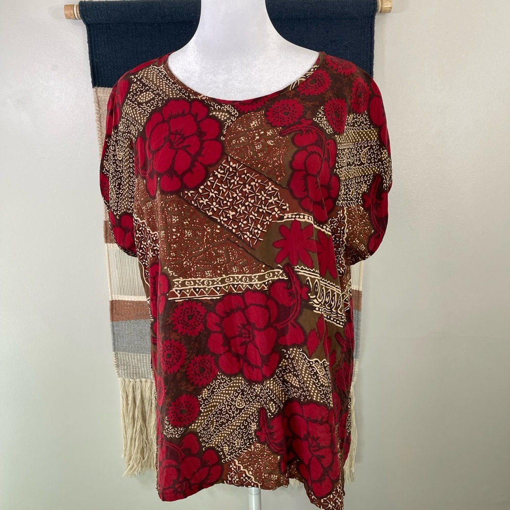 Pura Seta Made in Italy Floral 100% Silk Short Sleeves Blouse Size XL